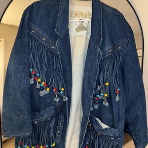 VINTAGE JeanJer Denim Jacket Bearded Fringe Western Size Large